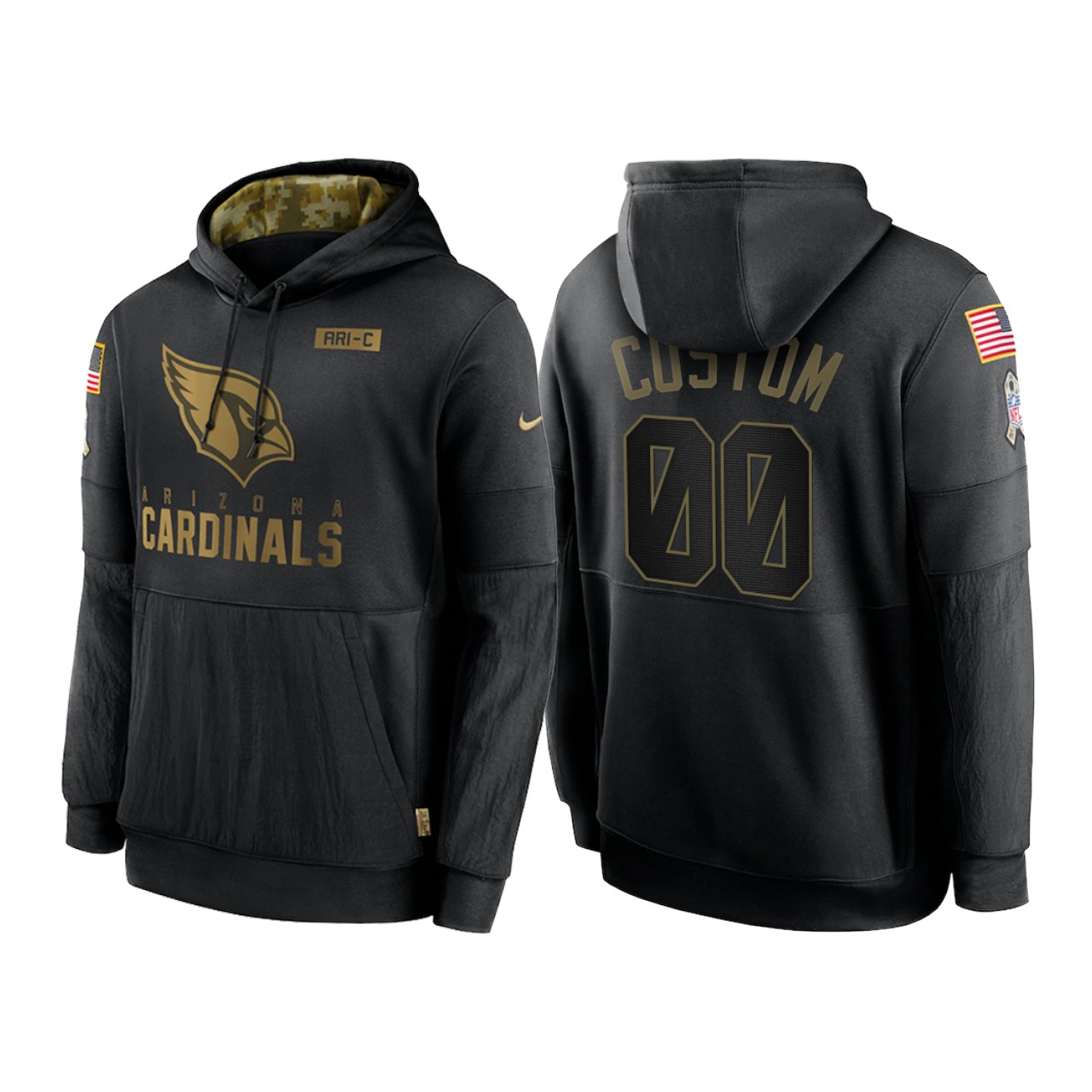 Men's Arizona Cardinals Customized 2020 Black Salute To Service Sideline Performance Pullover Hoodie
